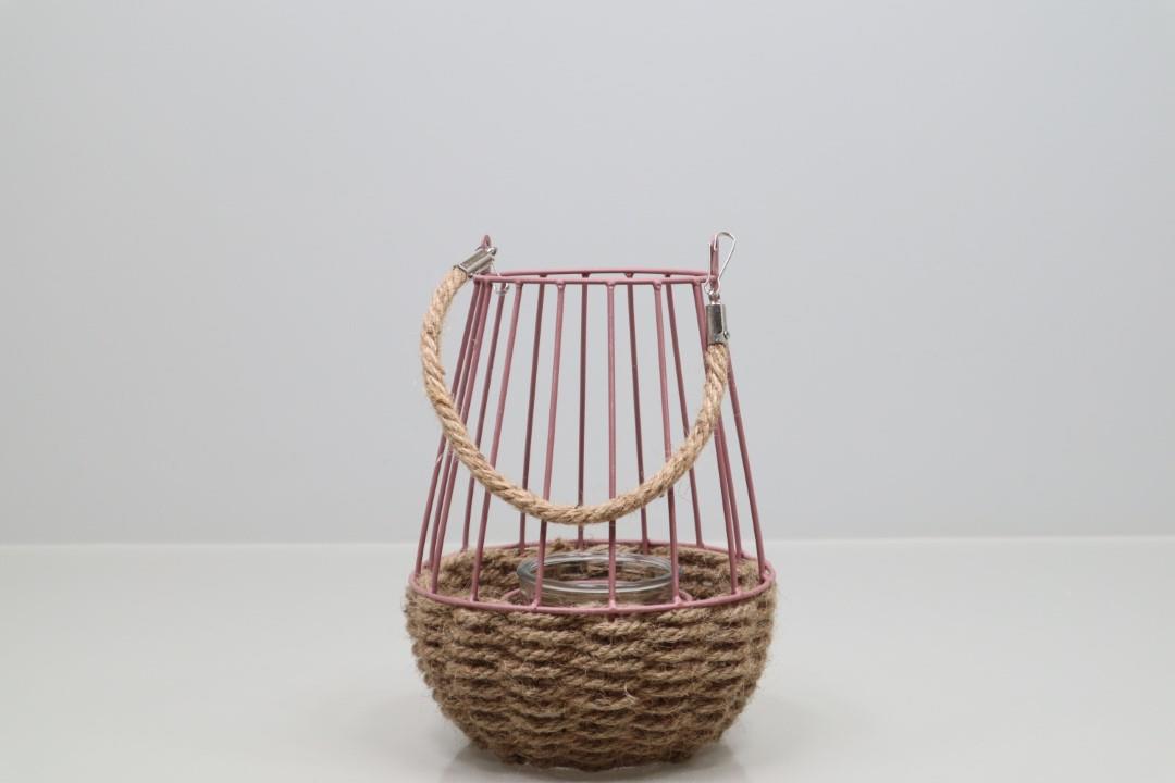 Laterne mit Windlicht Jute natur-Metall rosa H22cm