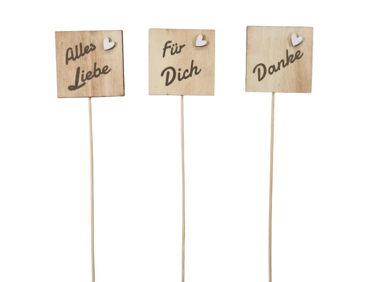 Stecker Quadrat mit Schrift sortiert Holz natur D5,5cm +Pin