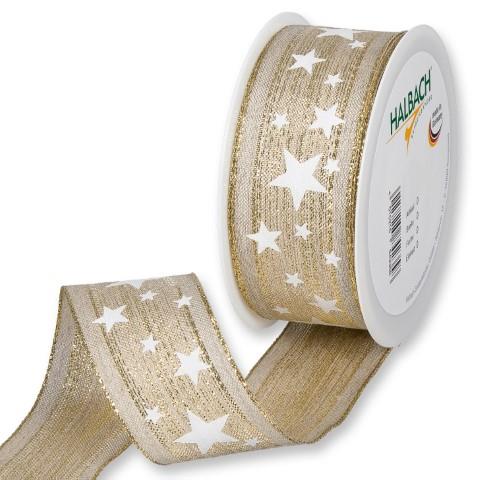 Leinen-Druckband Sterne 40 mm 15 Meter natural/gold 311